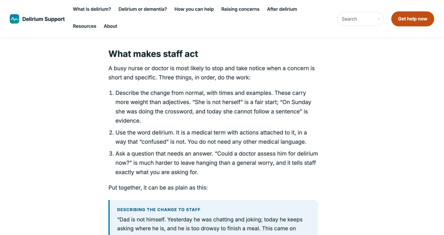 Advice on describing a sudden change and asking staff for a delirium assessment.