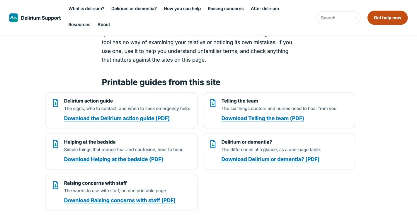 Five free printable guides available from Delirium Support.