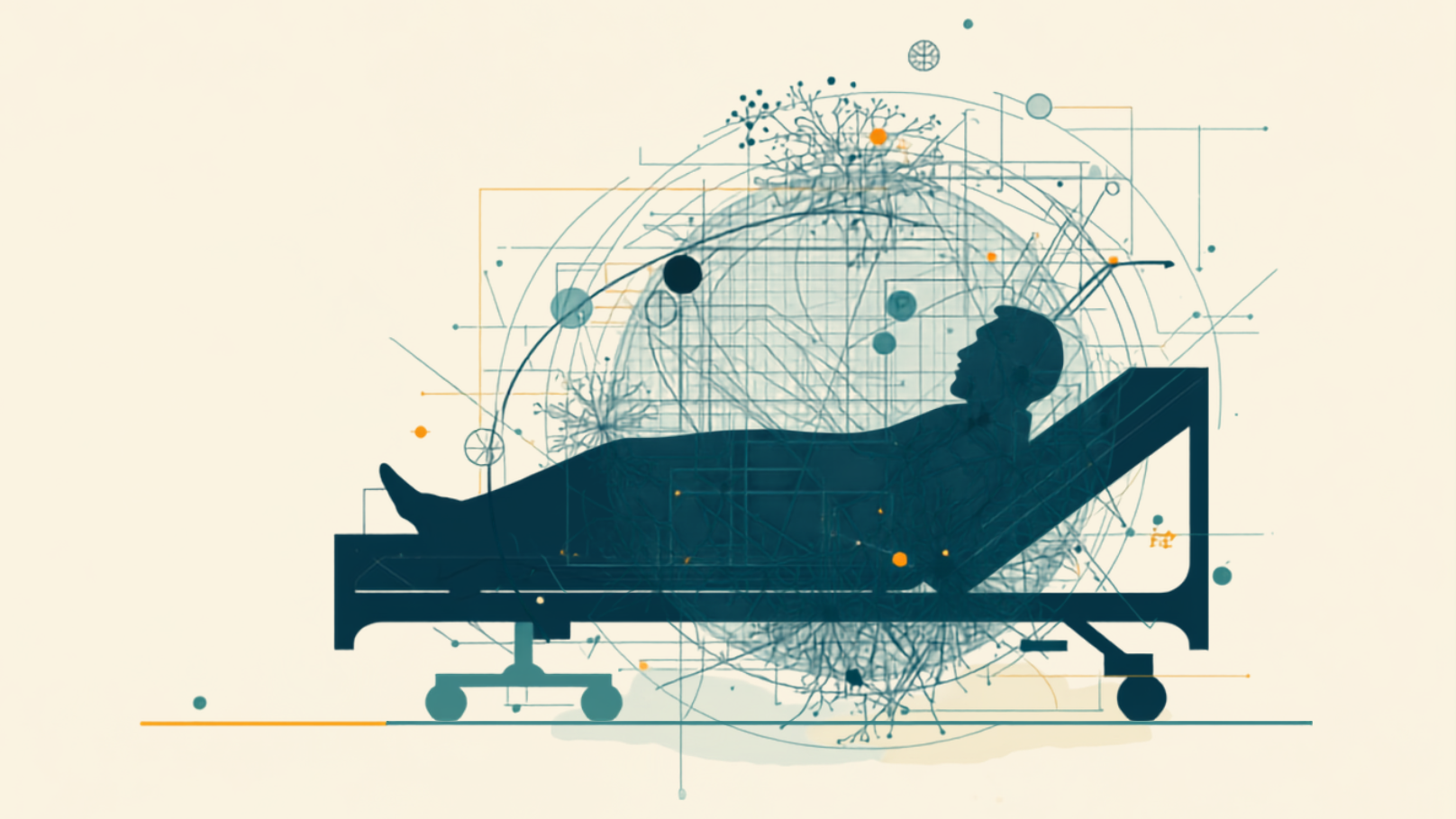 Abstract illustration of a patient in a hospital bed surrounded by branching neural forms and geometric lines.
