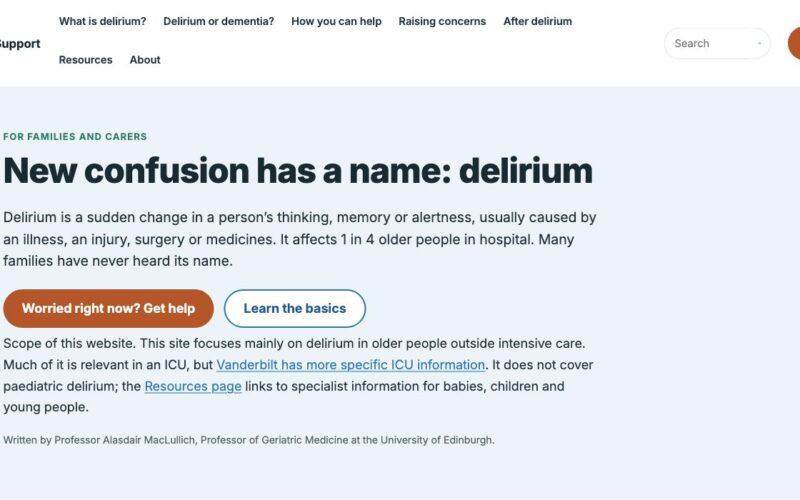 Delirium Support homepage explaining that sudden confusion may be delirium.