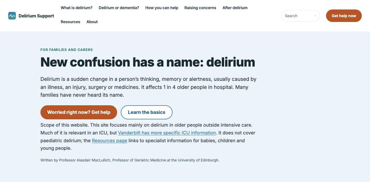Delirium Support homepage explaining that sudden confusion may be delirium.