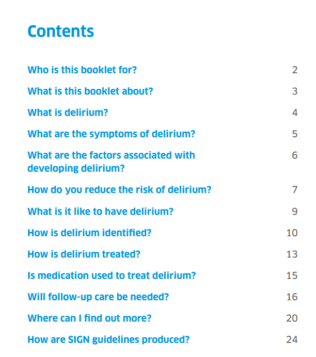 Contents page of the SIGN delirium booklet, covering symptoms, risk, prevention, treatment, medication, follow-up and further information.