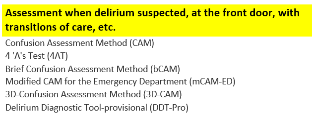 Examples of episodic delirium tests: CAM, 4AT, bCAM, mCAM-ED, 3D-CAM and DDT-Pro.