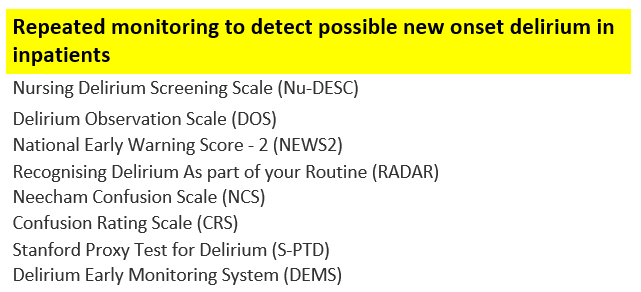 Examples of repeated monitoring tools for new-onset inpatient delirium: Nu-DESC, DOS, NEWS2, RADAR, NCS, CRS, S-PTD and DEMS.