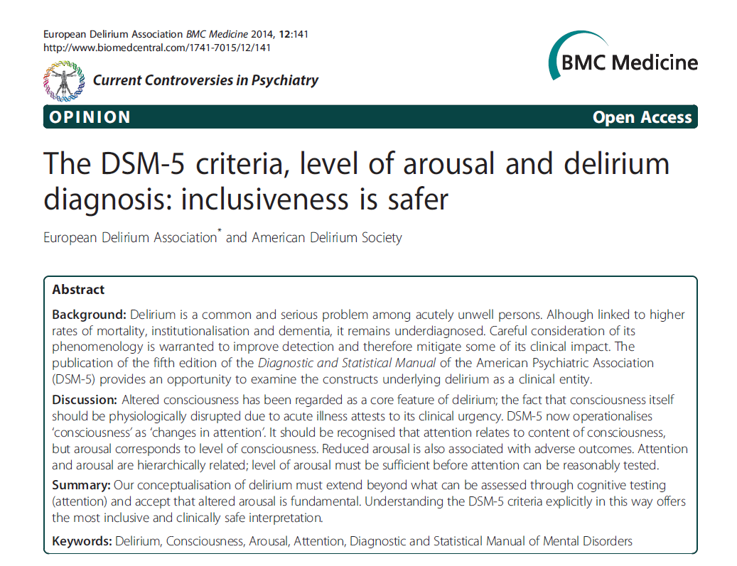 First page of the BMC Medicine opinion paper 'The DSM-5 criteria, level of arousal and delirium diagnosis: inclusiveness is safer'.