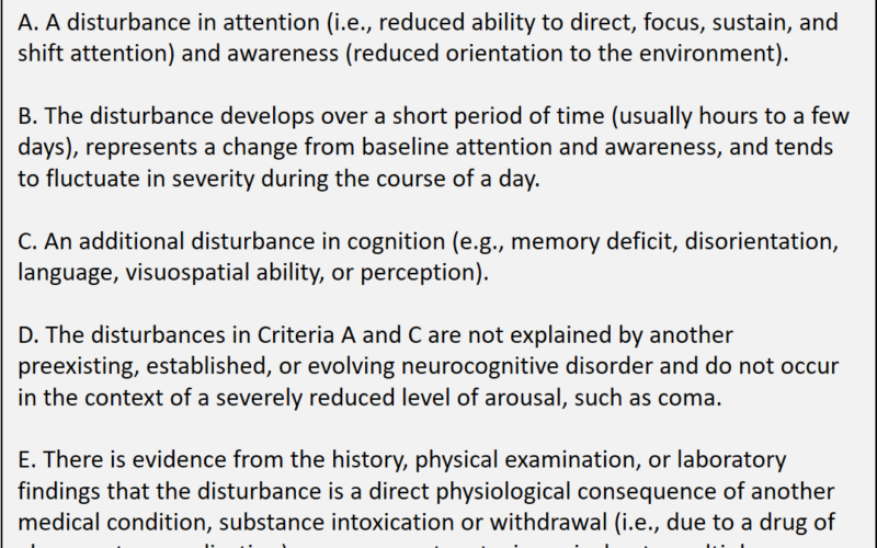 DSM-5 criteria for delirium: disturbed attention and awareness, acute fluctuating onset, cognitive change, exclusion of another disorder or coma, and a physiological cause.