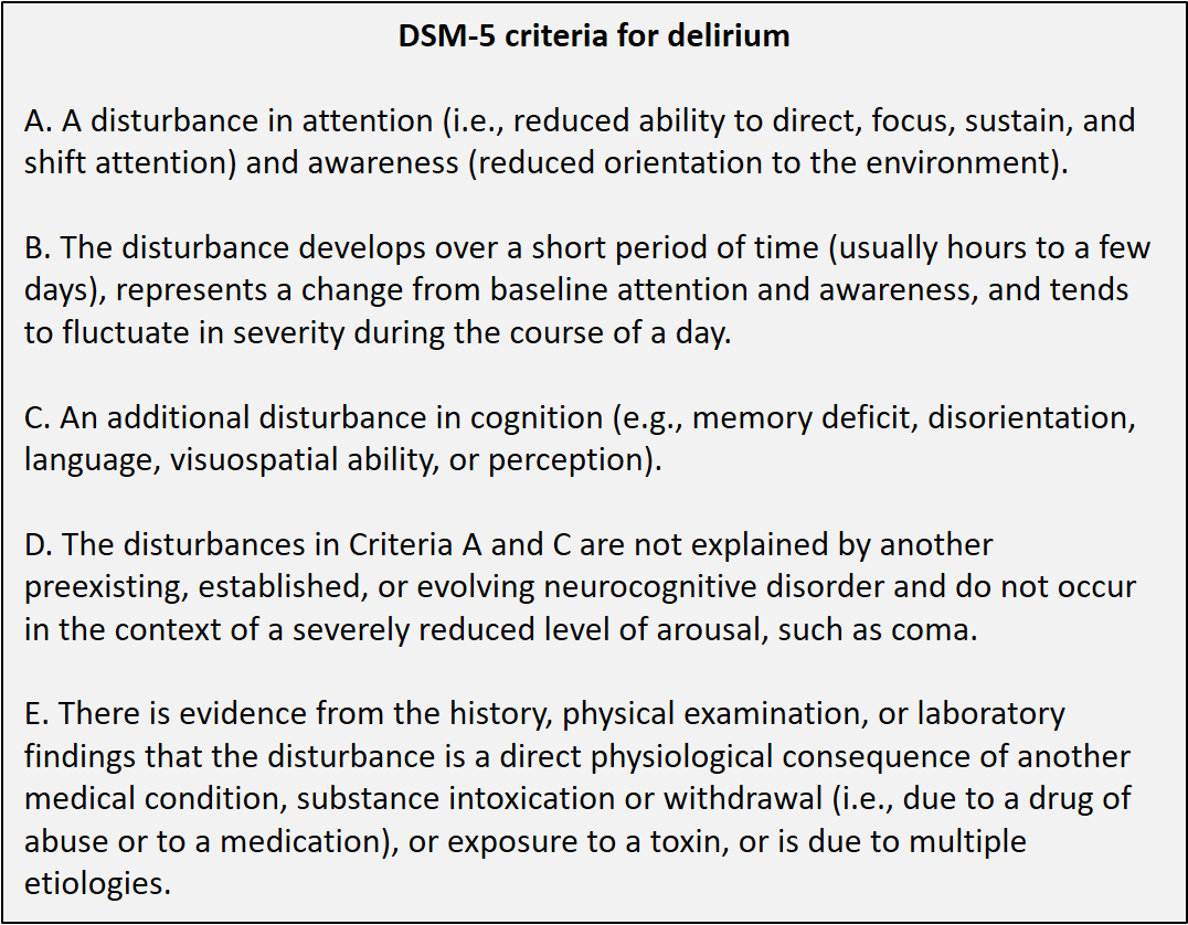 DSM-5 criteria for delirium: disturbed attention and awareness, acute fluctuating onset, cognitive change, exclusion of another disorder or coma, and a physiological cause.